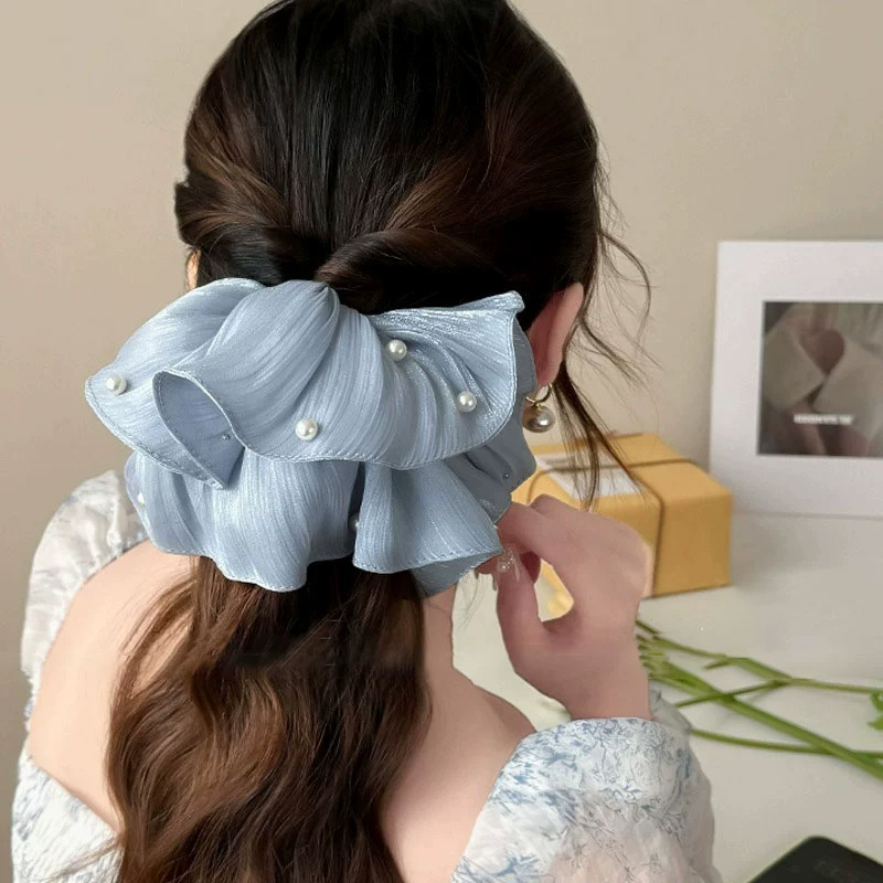 Travel Accessories High End - ربطة شعر شبكية لؤلؤية مطوية بتصميم