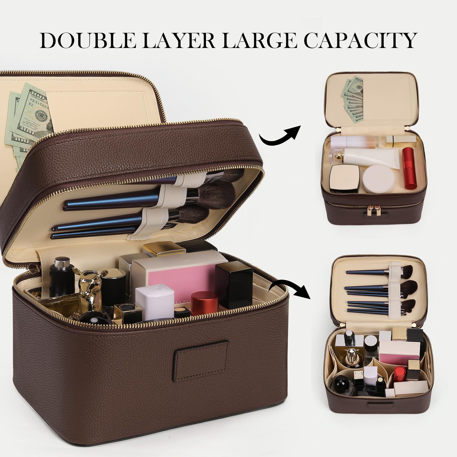 Travel Accessories Leather - حقيبة مستحضرات تجميل فاخرة كبيرة السعة
