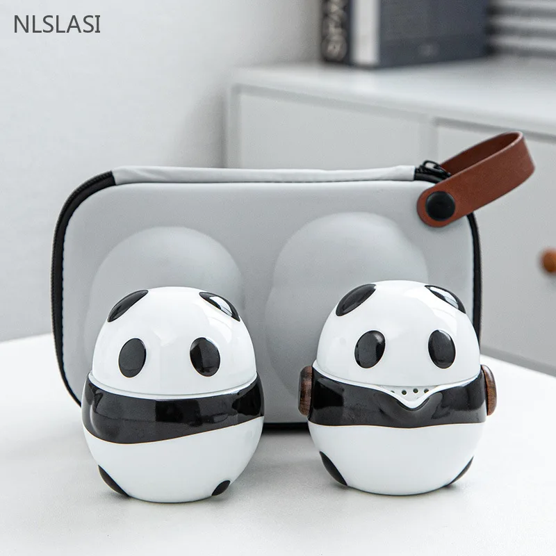 Travel Accessories High End - طقم شاي باندا سيراميك محمول ،